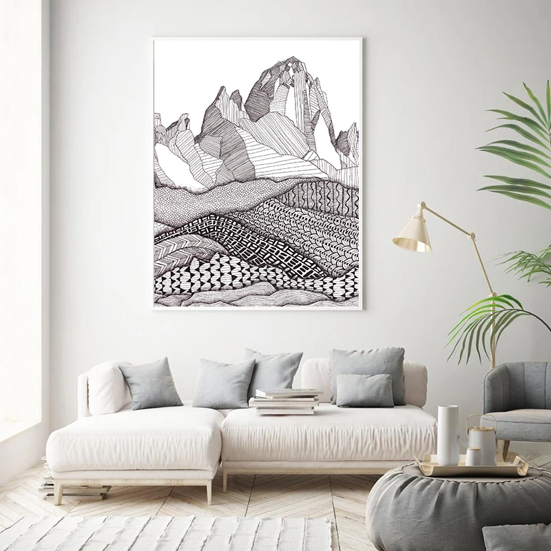 Patrones en blanco y negro sobre impresión artística de Patagonia, pintura en lienzo de paisaje de montaña, póster nórdico, imágenes de pared, decoración para sala de estar