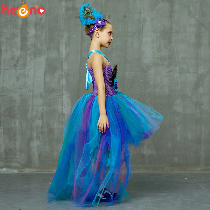 Fancy Peacock Feather Girl Pageant Tutu Dress With Headband Children Kids Birthday Party Wedding Ball Gowns Trailing Tulle Dress