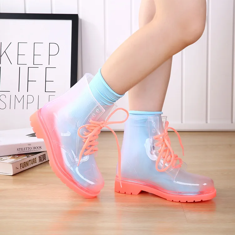 Women Rain Boots Mature Lady Lace Up Waterproof Lady Shoes Transparent Candy Colors Ankle Outdoor Girl\'s Shoes dfc3