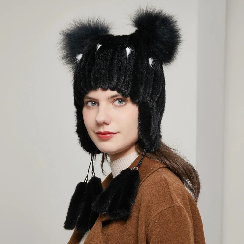 

Winter real mink fur woven hat with mink fur ball fashionable ear protection beanie female natural winter cap vertical 20HY-15