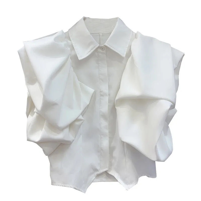 Vrouwen Shirts 2023 Driekwart Ruches Knopen Effen Chiffon Blouse Vrouwen Effen Kleur Lente Elegante Dames Tops En Blouses