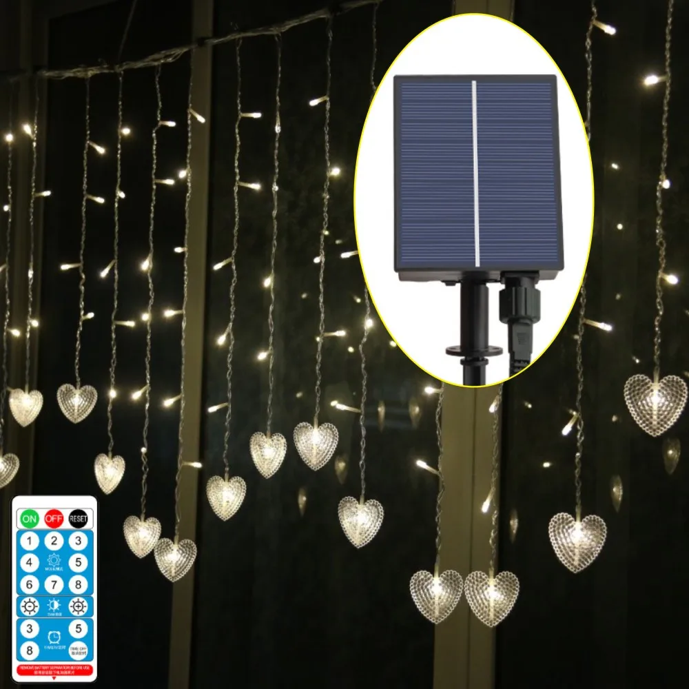 Solar Curtain Outdoor 8 Modes Remote Icicle String Lights Waterproof for Gardens Wedding Xmas Party Backdrop Patio Decor