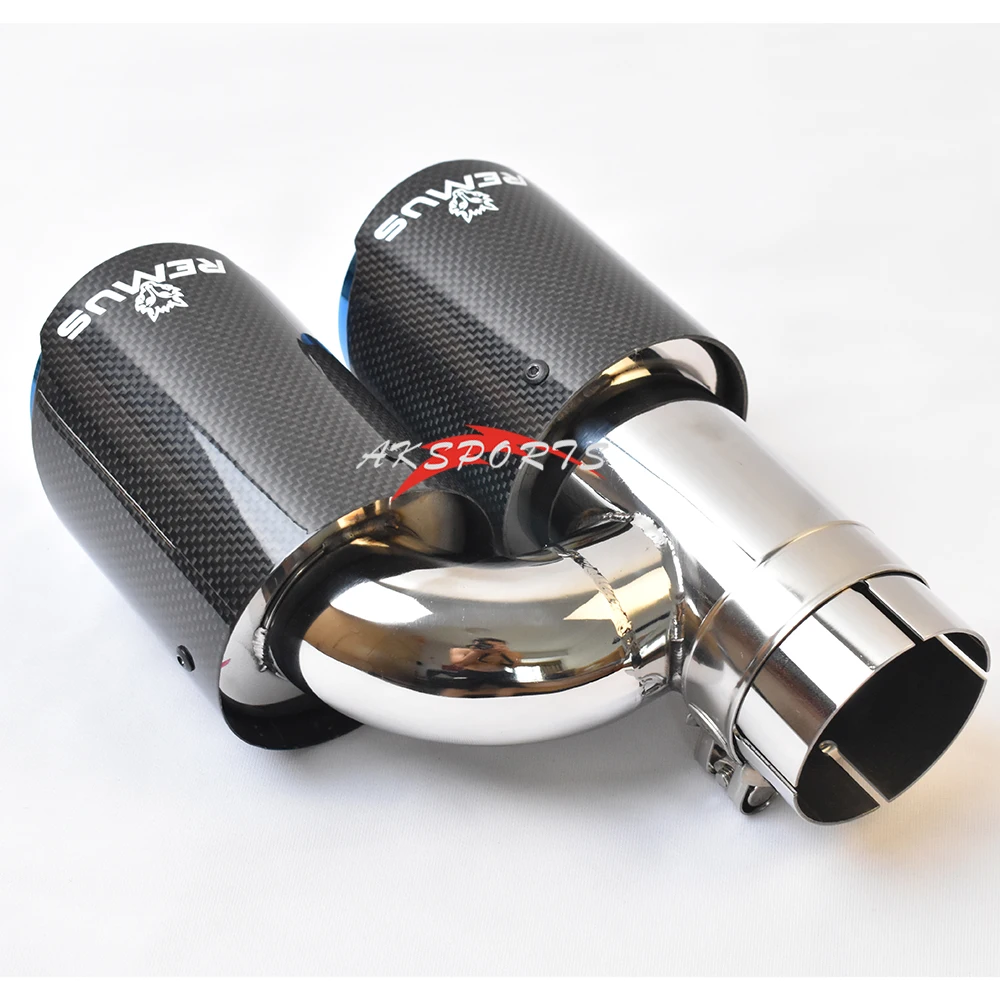 1PC Glossy Blue Stainless Steel Straight Muffler Pipe Carbon H Style Left Side End Tail Exhaust Tip With Remu Logo