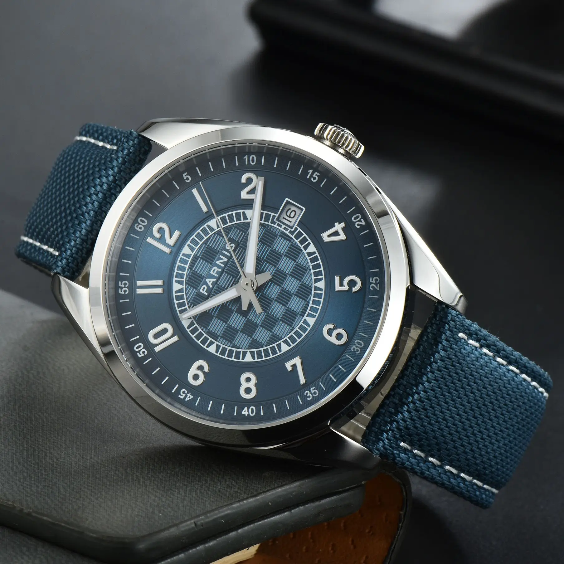 

Casual Parnis 40MM Blue Dial Mechanical Automatic Men Watch Miyota 8215 Calendar Watches relogio masculino 2023 Top Luxury Brand