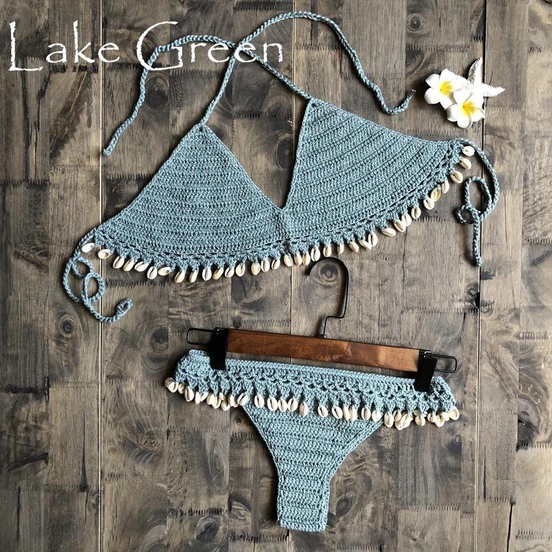 Crochet Bikini Set Shell Tassels Bikini Brazilian Crochet Swimsuit Women Halter Swimwear Strappy Bikinis Free Shipping 2019 New