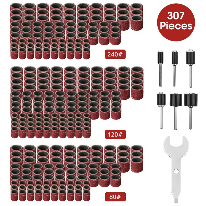 307 Pieces Drum Sander Set Sanding Drum Kit 300 Pieces Sanding Band Sleeves (80#/120#/240#) + 6 Pieces Drum Mandrels for Dremel