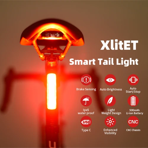 Imagen 1 del producto Enfitnix XlitET-luces traseras inteligentes para bicicleta, luz de arranque/parada automática, carga USB/tipo C, luz de detección de freno impermeable