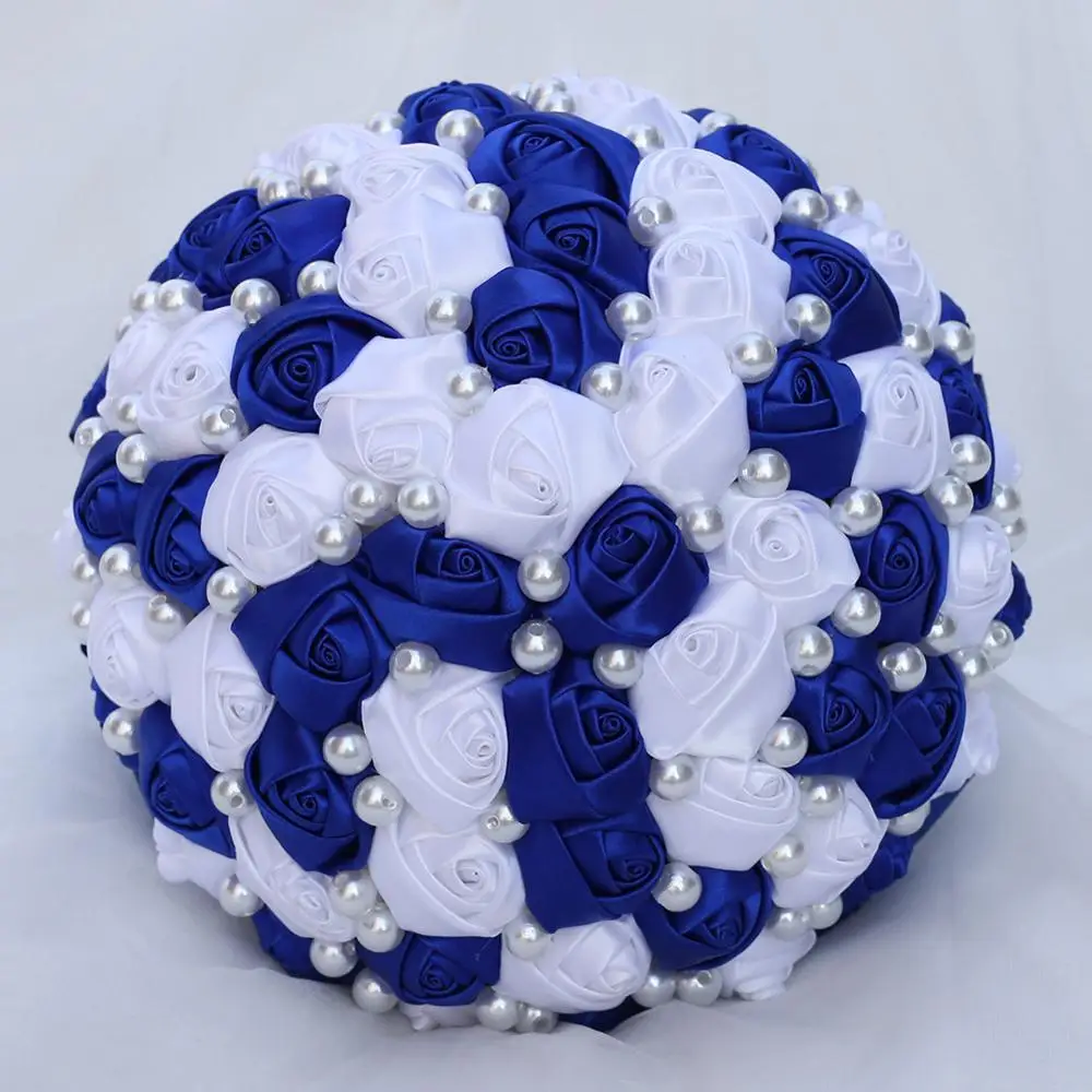 POP NEW Royal Blue White Color Pearls Beaded Bridal Wedding Bouquets Simple Durable Half Ball Bow Stitch Holding Flowers W322-5