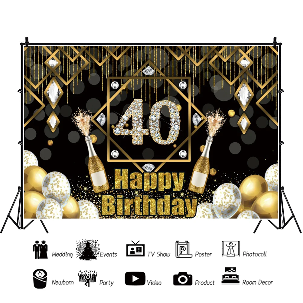 Laeacco Balloon Glitter Backdrop For Photography 40th Birthday Party Customize Background Diamond Light Bokeh Tassel Pohtostudio