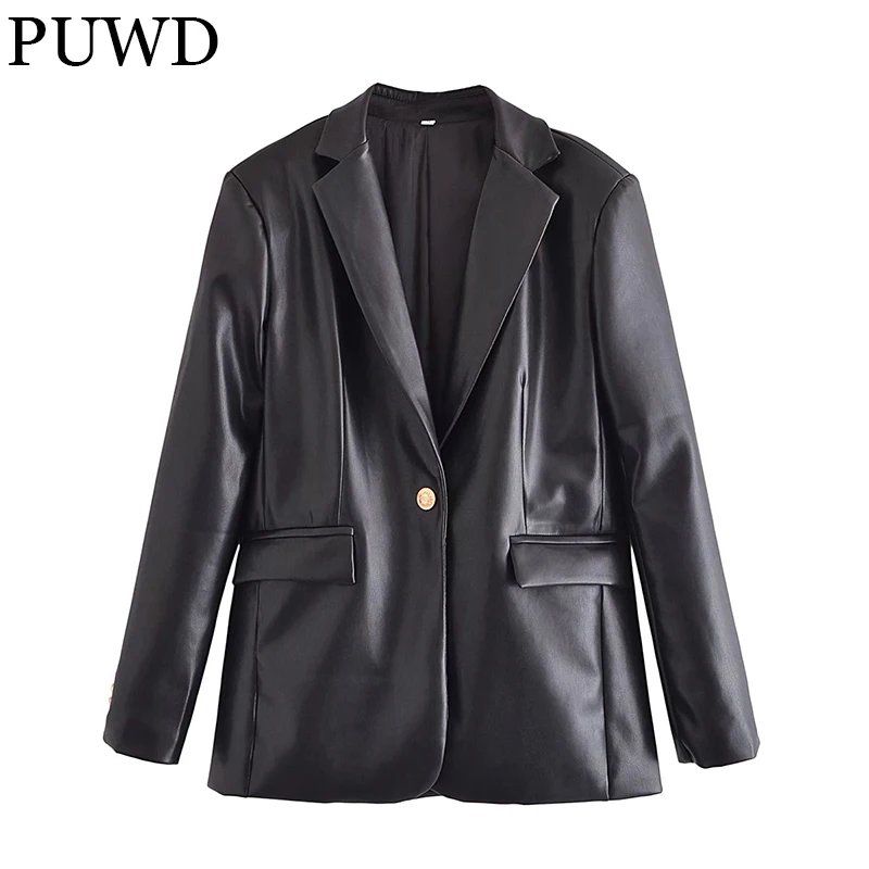 

PUWD Casual Women Black Faux Leather Suit Jacket 2021 Autumn/Winter High Street Commuter Pure Color Single Button Female Outwear