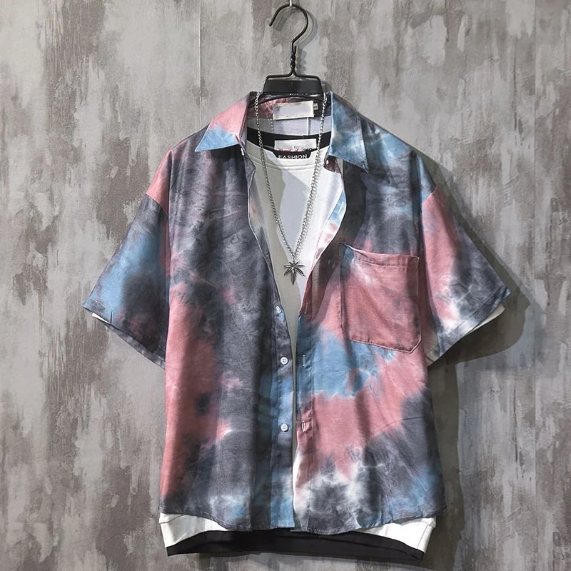 Harajuku Summer Tie Dye Shirt Men Short Sleeve Holiday Hawaii Casual Shirts Loose Fit Printing Single Breasted Fashion Tops Male