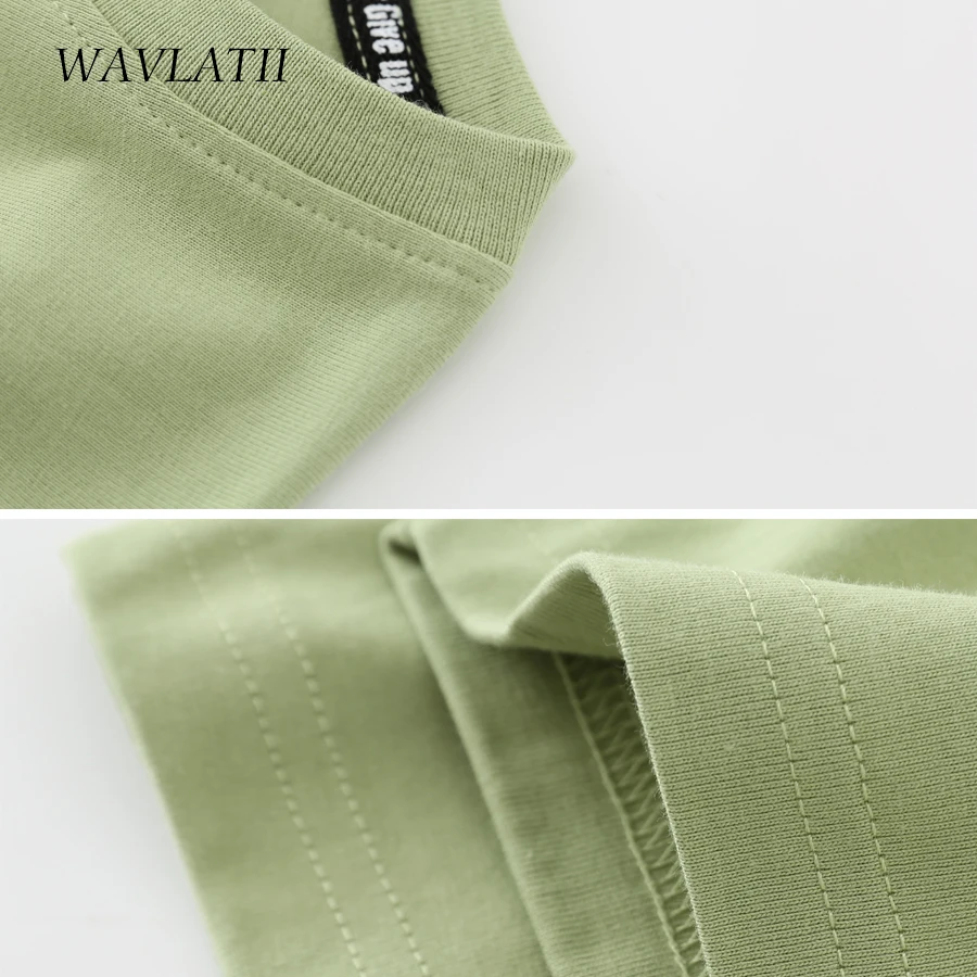 WAVLATII New Women White Cotton T Shirts Female Opera Casual Light Green Tees Summer Fashion Short Sleeve Tops WT2215