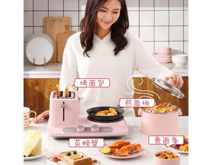 COOKER household breakfast machine Fried Eggs steamer pan pink diy cooker 230v Donlim DL-3405 3in1 Bread maker Coffee roaster