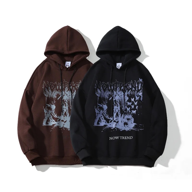 2022 Dark Streetwear Retro Graphic Print Brown Mens Hip Hop Hoodies Pullover Vintage Clothes Women Hooded Sweatshirt Manga Larga