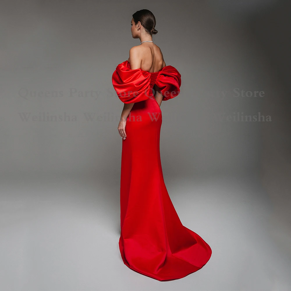 Red Mermaid Prom Dresses Customized Off Shoulder Ruched Pleat Satin Party Gowns Sweep Train Front Slit Arabian Evening Dress