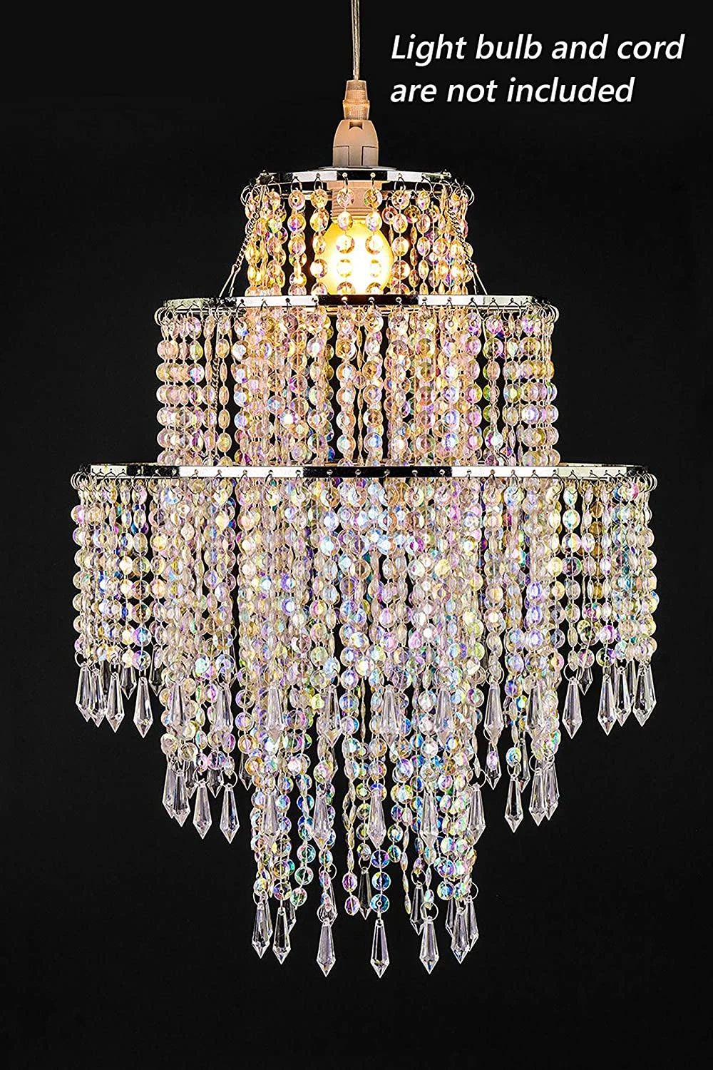 3 Tiers Acrylic Chandelier Shade Ceiling Light Shade Beaded Pendant Lampshade with Beads for Bedroom, Wedding (without Cord Kit)