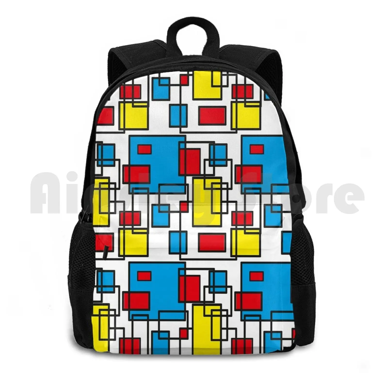 Blue , Red And Yellow Geometric Seamless Pattern On White Outdoor Hiking Backpack Riding Climbing Sports Bag Abstract Artistic