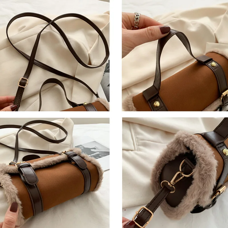 Retro Winter Faux Fur Bags Women Cross Body Plush Patchwork French Fashion Female Luxury Brand Frosted Bolsa Handmade Underarm