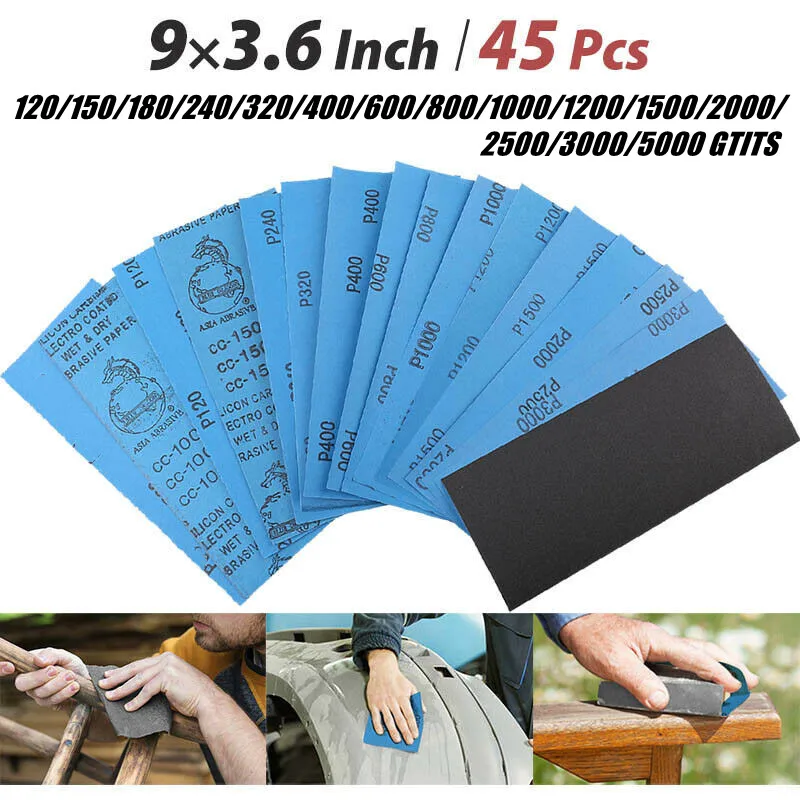 45 قطعة الرطب الجاف الصنفرة عدة Grit120-5000 تشكيلة ورقة جلخ ورقة للسيارات الرملي الخشب الأثاث التشطيب 23*9 سنتيمتر