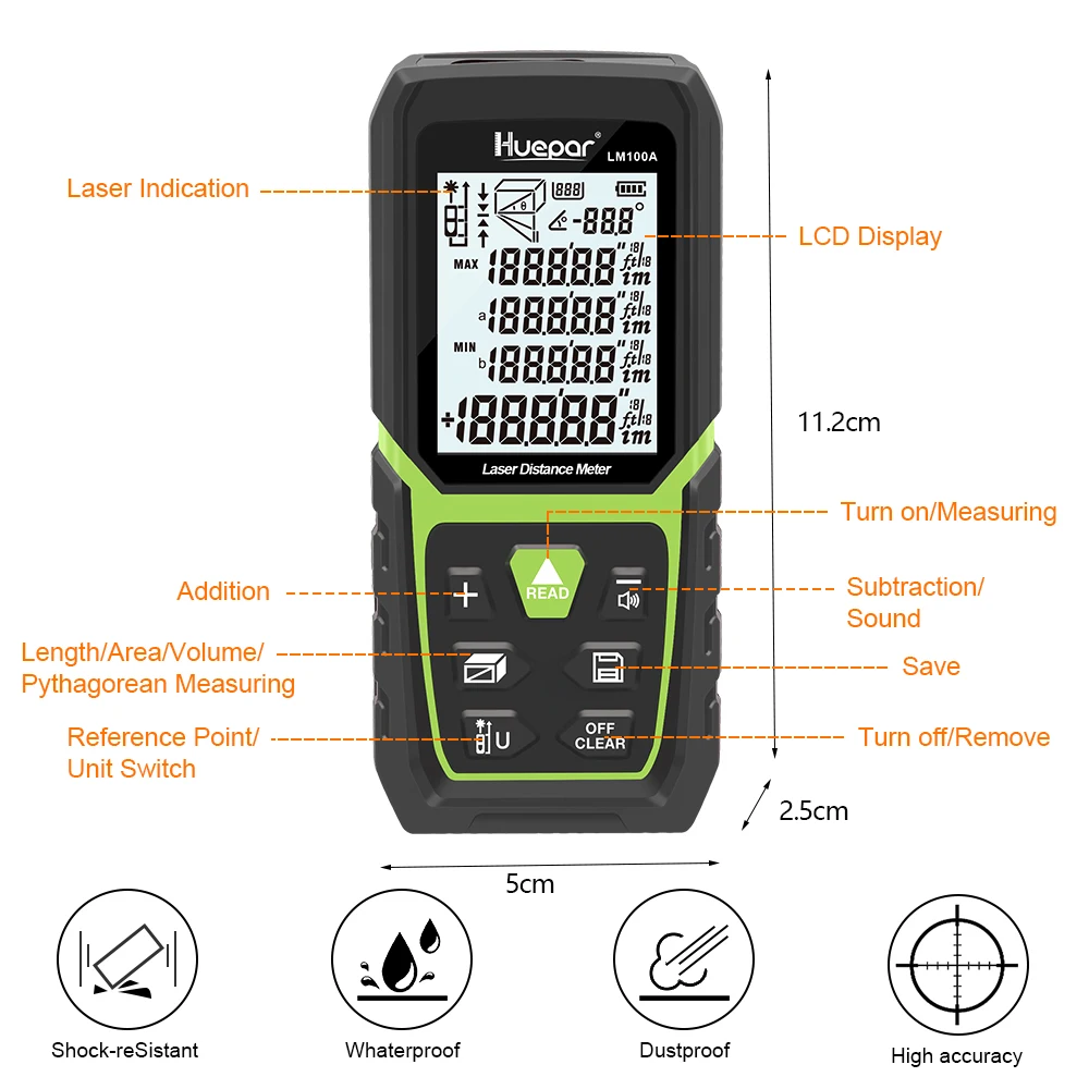 Telemetro laser 330Ft/100M(165Ft/ 50M 390Ft/120M) Misura laser LCD retroilluminato M/In/Ft con batteria agli ioni di litio e sensore angolare