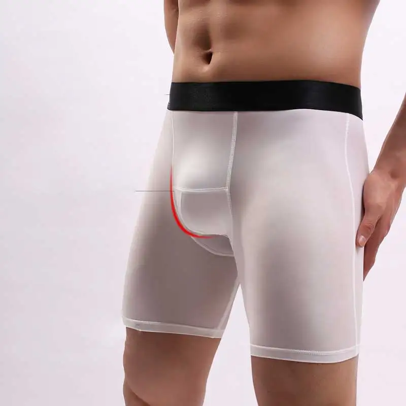 Ice Silk Thin Long Men Boxer Underwear Quick Dry Mens Boxer Shorts Long Leg Underpants Sexy U Bulge Pouch Lengthen Panties Cueca