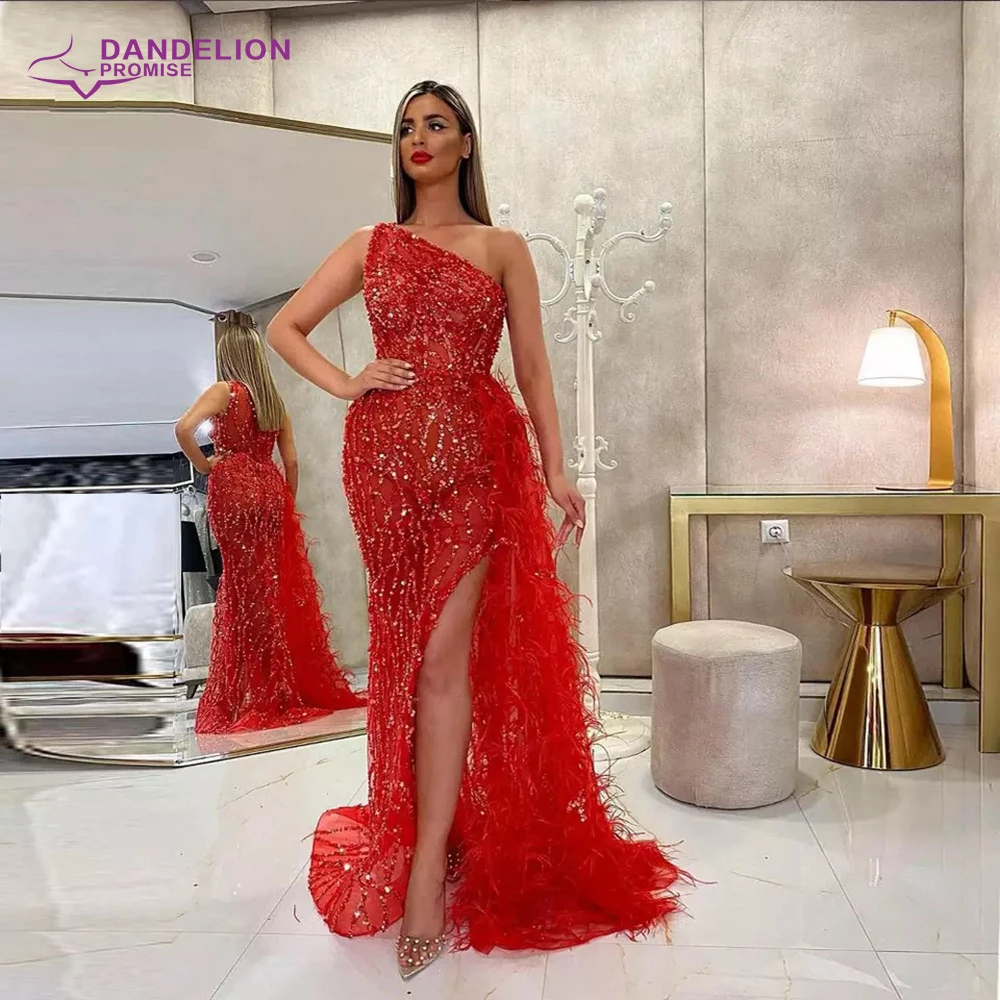 Vestido de noche elegante con abertura de un hombro para mujer, vestidos de fiesta formales con lentejuelas, plumas hechas a mano, abertura de tul con cuentas, Dubai, 2021