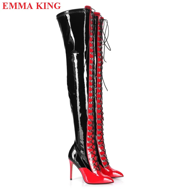 Inverno rosso nero lucido stivali sopra il ginocchio in pelle donna Lace Up Stiletto Party stivali alti alla coscia moda scarpe con tacco alto donna