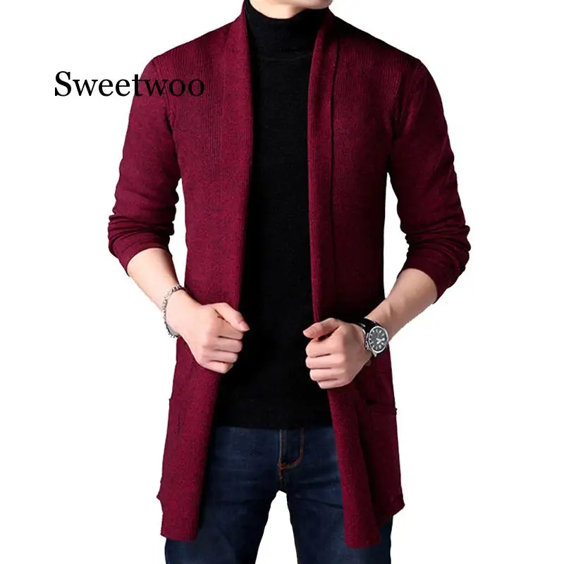 

Men long style cardigan spring and autumn X-long knit sweater jackets solid color sweatercoat