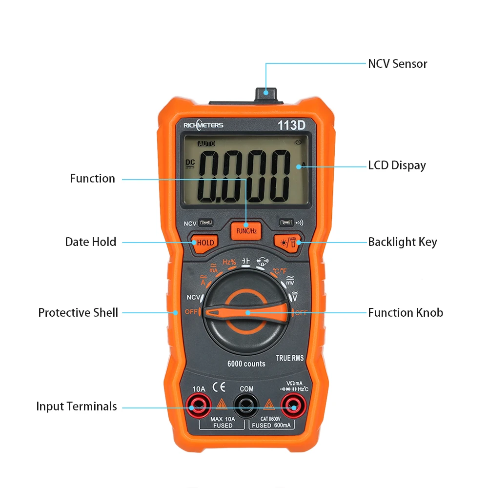 RM113A/D Digital Multimeter 2000/6000 Counts NCV Voltage Temperature Measuring Meter with Magnetic Suction Flash Light