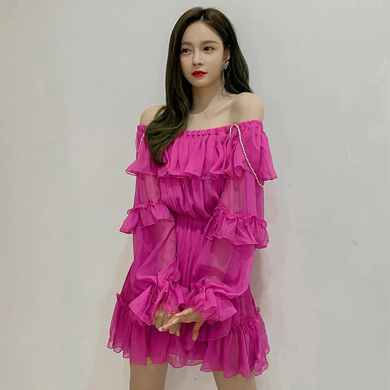 Kpop IU Seo Yea Ji Streetwear Sexy Ruffle Long Sleeve Strapless Dress Women Party Fashion High Waist Loose Backless Mini Dresses