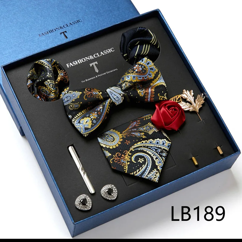 Hochwertige Geschenkbox für Feiertage, 7,5 cm, blaues Blumenmuster, Einstecktuch, Manschettenknöpfe, Krawattenclip, Krawatte für Herren, Geburtstagsgeschenk – Detail 27