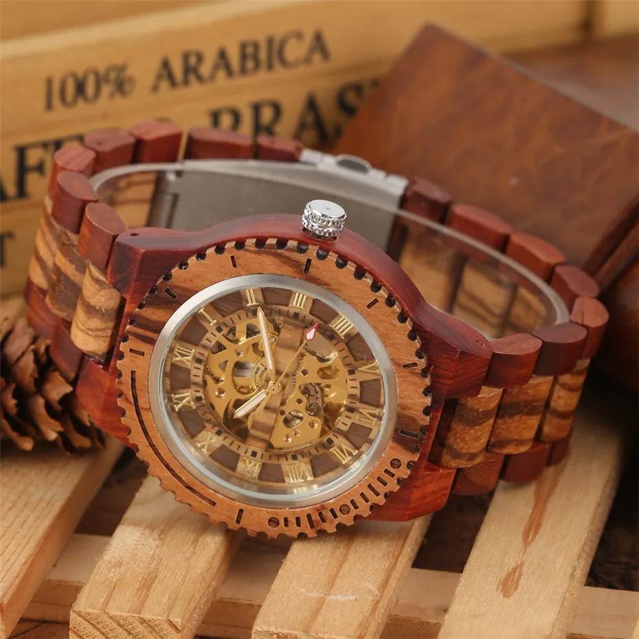 Luxury Wood Watch Mechanical Self-Wind Men\'s Watches High Quality Wooden Bangle Watchband Roman Numerals Display Automatic Clock