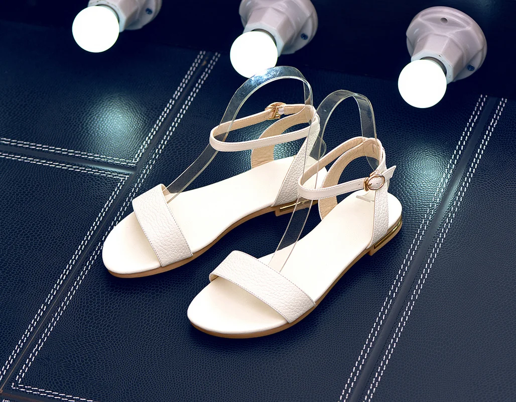 Women Sandals Summer Shoes Natural Genuine Leather Flat Cross Strap Shoes Buckle Cow Leather Sandals Female Big Size 46