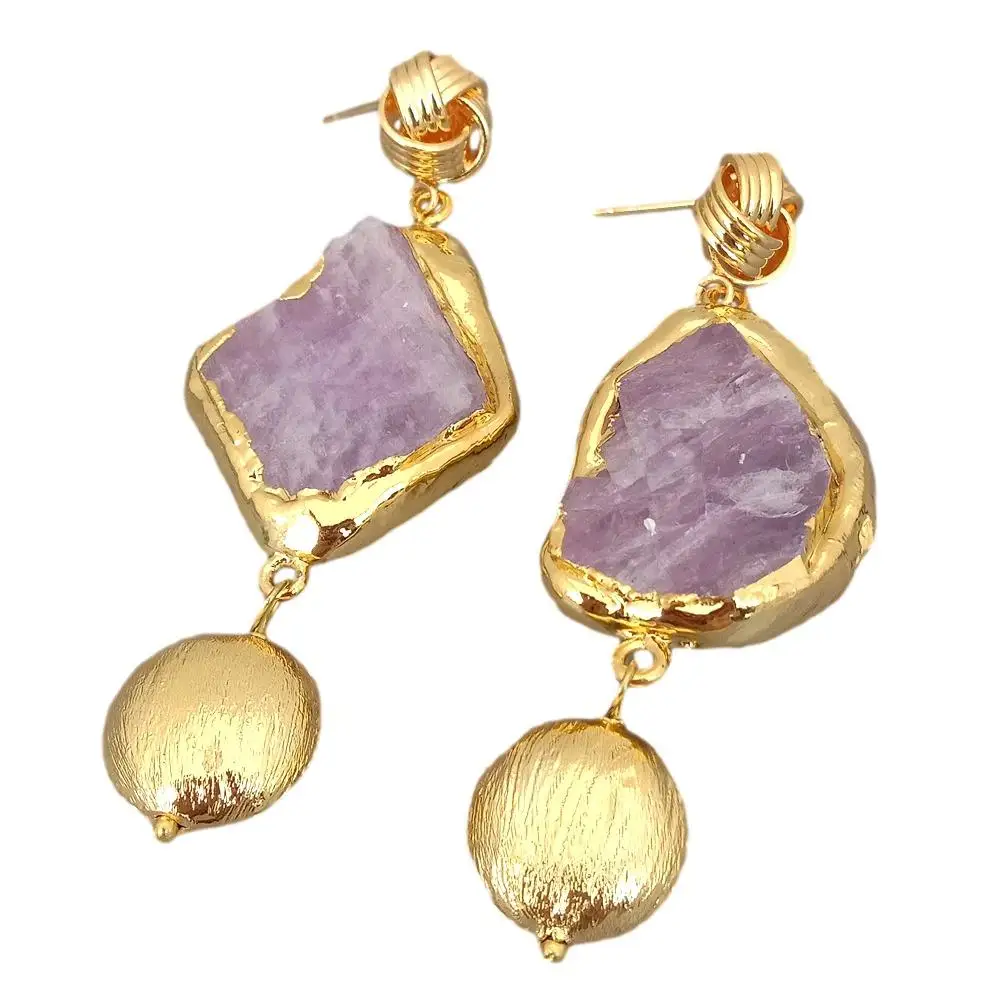 

Y·YING Natural Pink Kunzites Rough Gold color Plated Brushed Bead Dangle Earrings