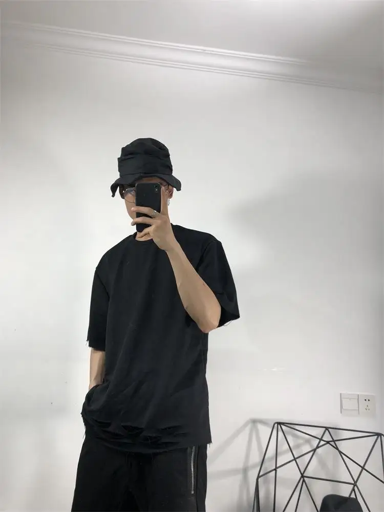 Men's Short Sleeve T-Shirt Summer New Dark Department Broken Hole Design Fashion Popular Leisure Loose Large Size Half Sleeve