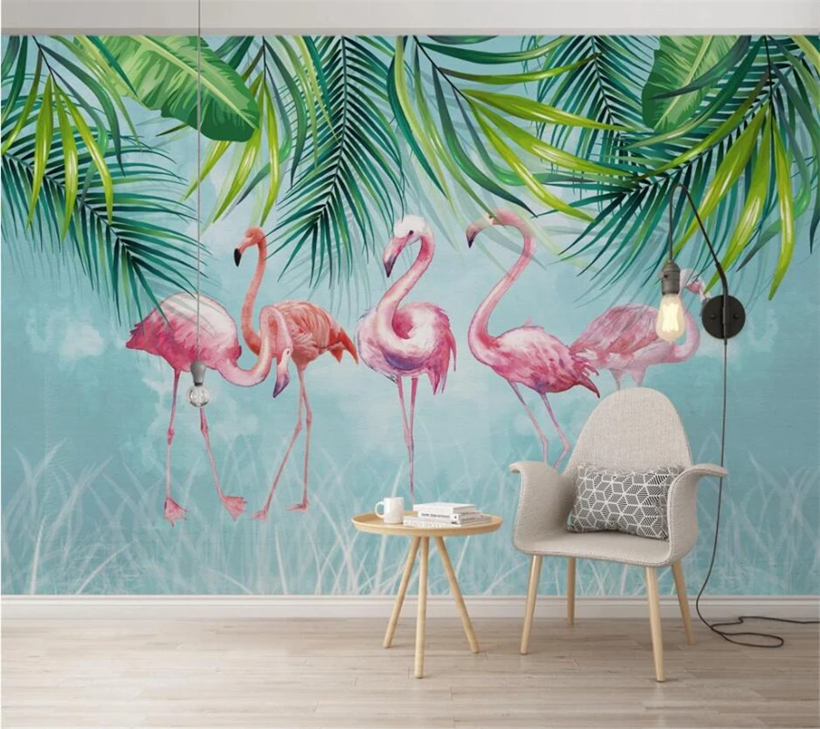 

Custom 3d wallpaper Nordic tropical plants flamingo background wall paper mural decorative painting papel de parede behang