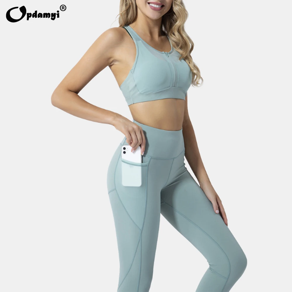 Women High Waist Yoga Pants with Pockets Fitness Clothing Leggings Sports Bra Zip Set 2 Piece Gym 4 Way Stretch Workout Suit XL