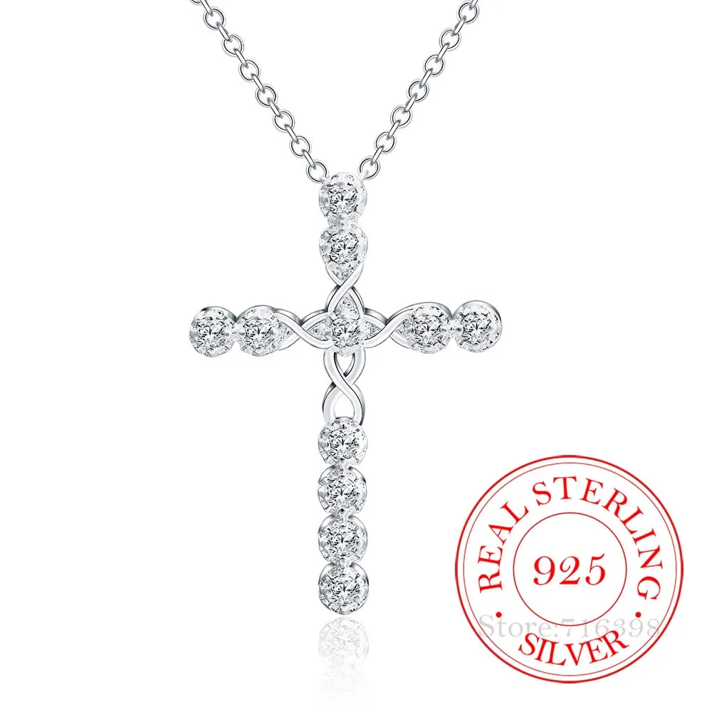 New Arrival Fashion Cross Necklace Accessories True 100% 925 Sterling Silver Crystal CZ Pendants Necklace for Women Fine Jewelry