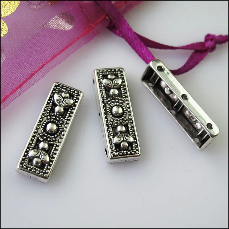 10 New 3Holes Flower Bars Connectors Charms Tibetan Silver Tone Spacer Beads 9x26mm