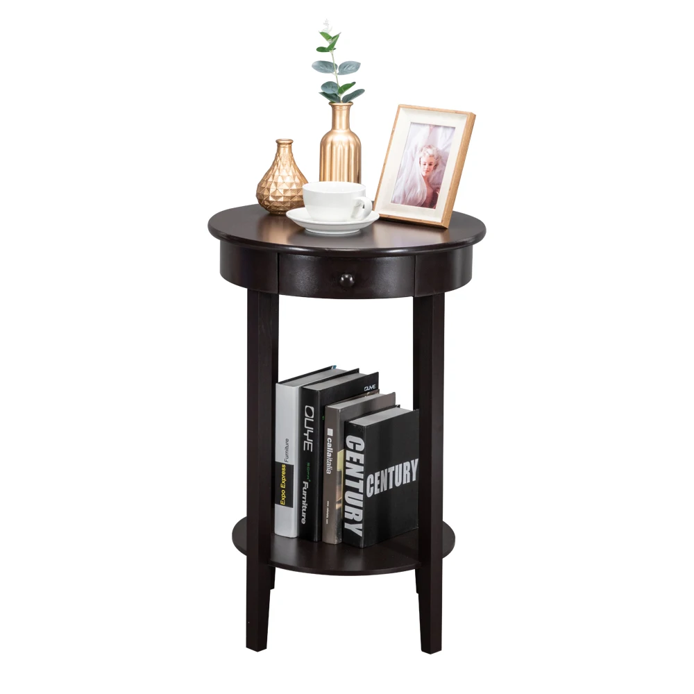 47x47x71CM Simple Round With Drawer Side Coffee Table Side Table End Table Brown for Livng ROOM