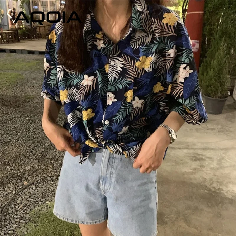 Beach Floral print Women Blouse Loose Short Sleeve Oversize Ladies Shirt 2022 Summer Female Blouses Fashion Button Up Shirts