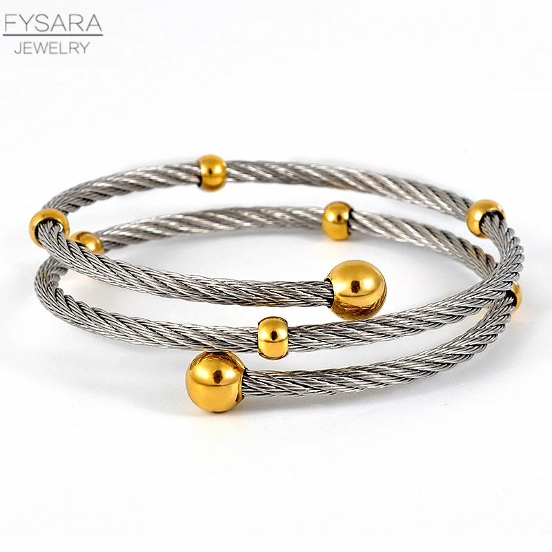 FYSARA Multi-layer Rope Cable Wire Fashion Jewelry Set Women Stainless Steel Bracelet Ring Round Ball Trendy Jewelry Set Couple