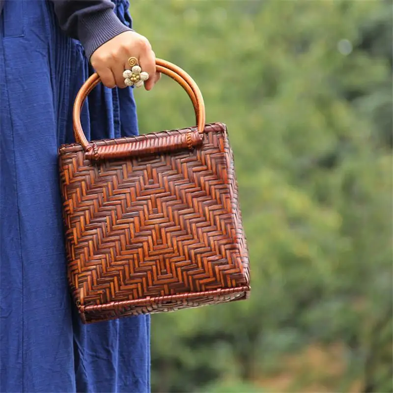 21x18CM Retro Japanese Handmade  Woven Bag New Woven Bamboo Bag Literary Youth Tea Ceremony Storage Knitting Handbag a6108