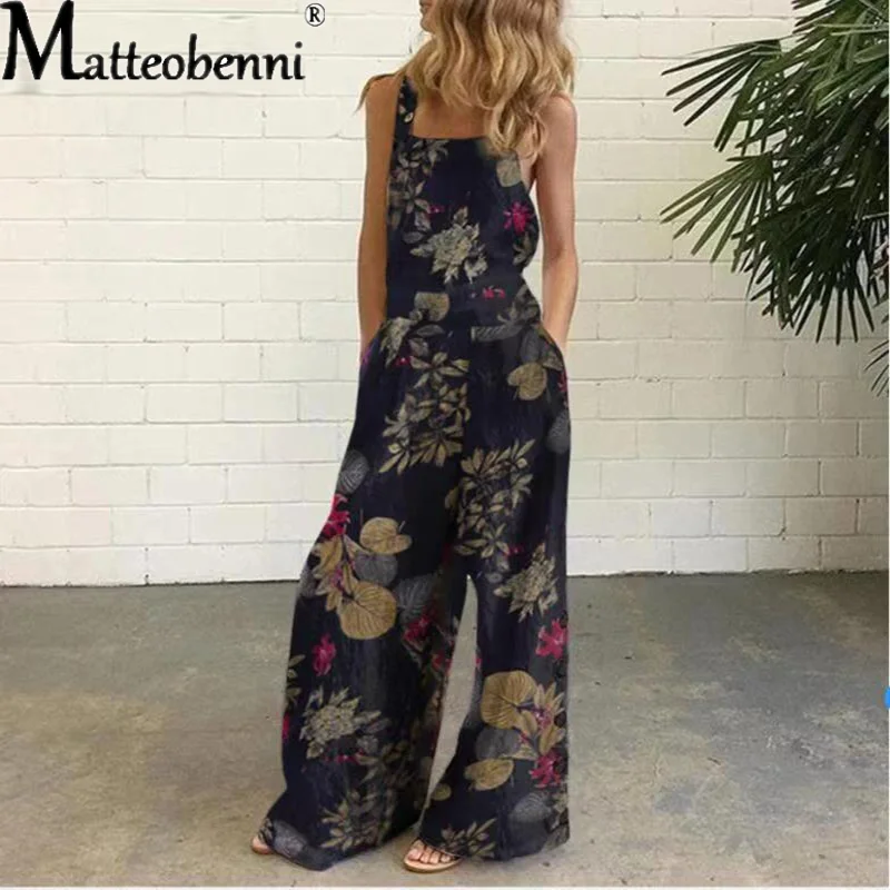 2021 mulheres verão macacão feminino sexy sem mangas perna larga impresso macacão suspensórios pantalon femme plus size playsuit