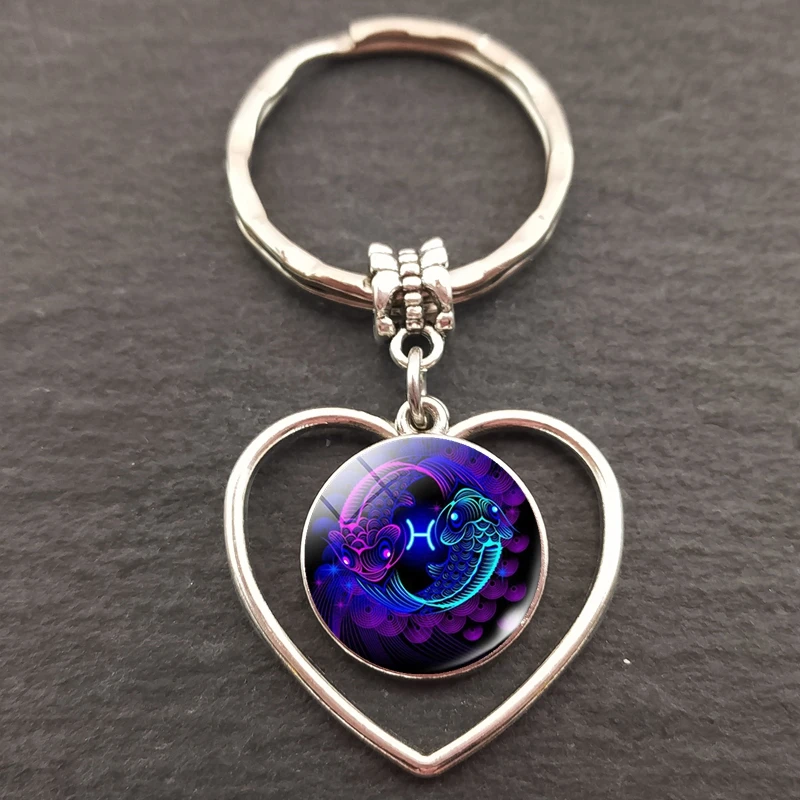 12 Constellation Heart-shaped Key Chains12 Zodiac Signs Key Rings Bag Car Round portachiavi sleutelhanger Pendant Man Woman