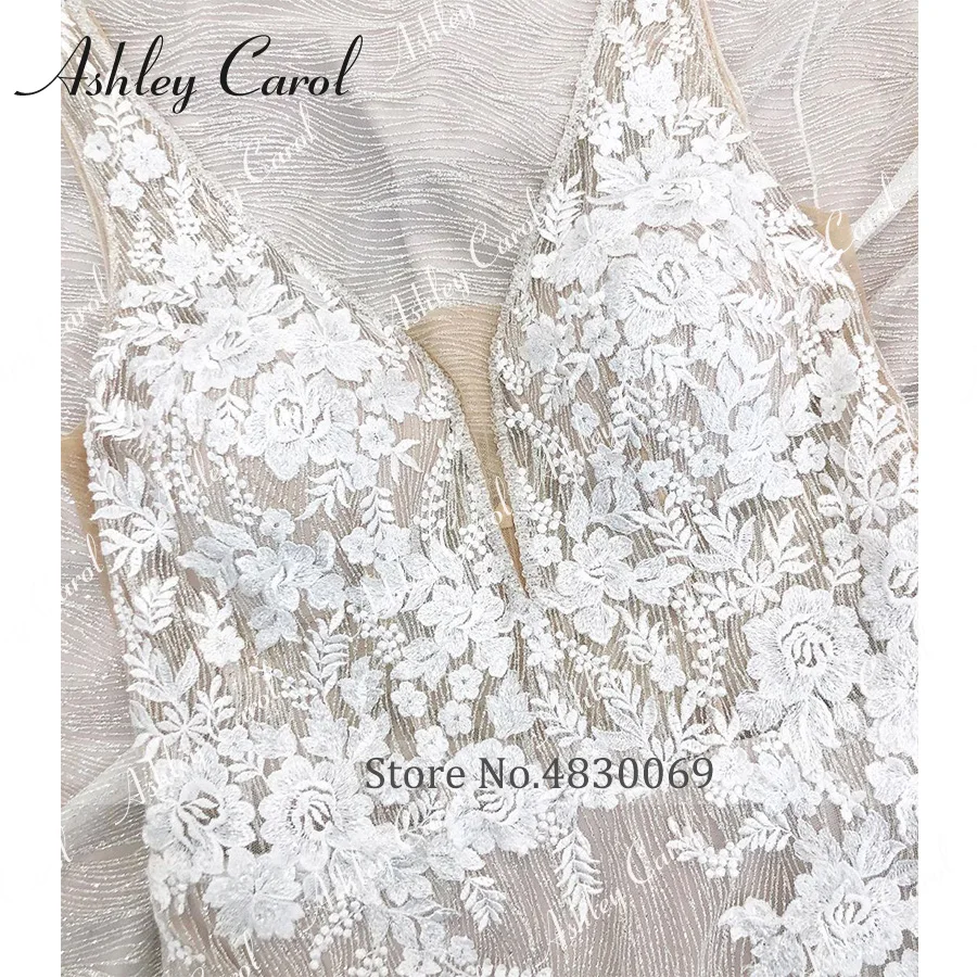 أشلي كارول حورية البحر فستان الزفاف رومانسية عارية الذراعين يزين مطرز الخامس الرقبة بلا أكمام ثوب الزفاف فساتين العروس الساطعة #4