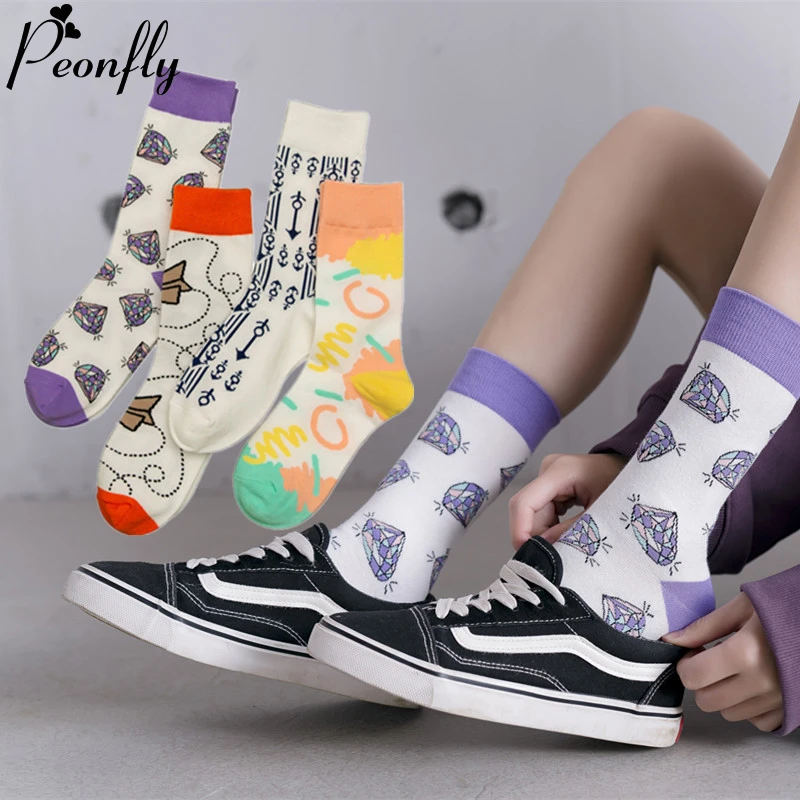 PEONFLY Creative Harajuku Funny Socks Women Novelty Diamond Paper Aircraft Printing Kawaii Socks Women Warm Meias Femme Sokken