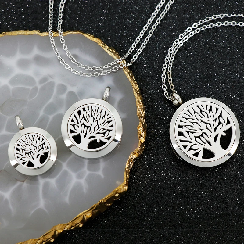 With Free Stee Chain Tree of Life Aromatherapy Essential Oils Stainless Steel Perfume Diffuser Locket Necklace