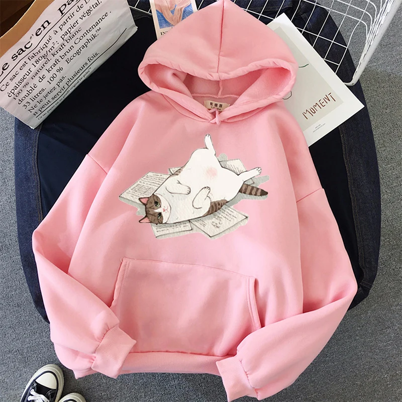 Korean Streetwear Oversized Hoodie Tops Winter Pullover Sweatshirts Women Cat Kawaii Poleron Mujer Pocket  School