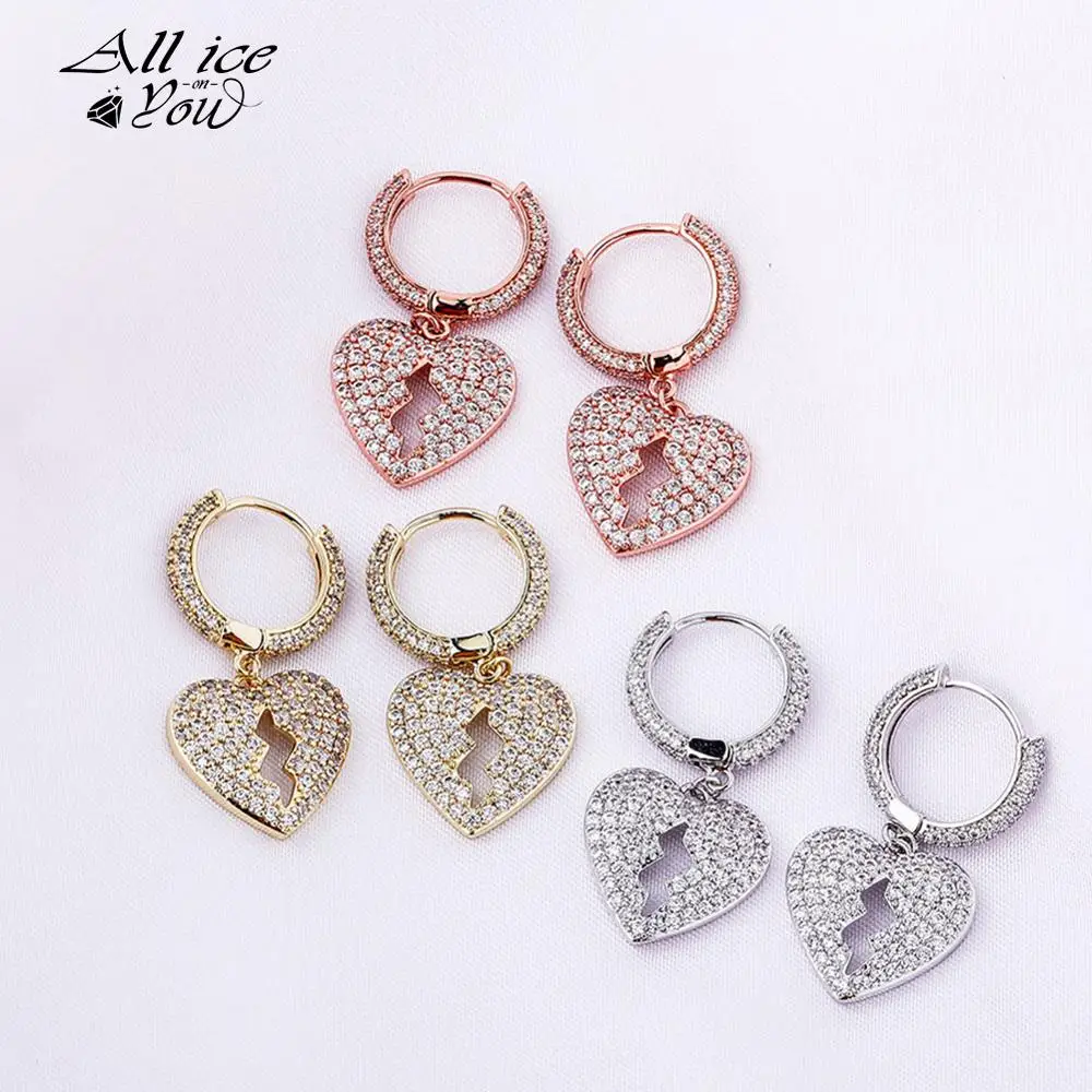 ALLICEONYOU 16mm Heart Earrings High Quality Iced Out Cubic Zirconia Hip Hop Fashion Charm Delicate Jewelry For Women Gift